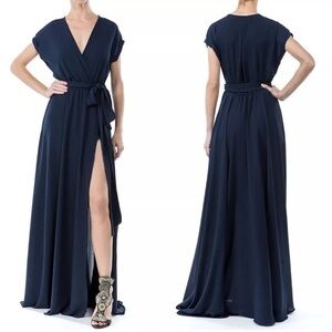 Meghan LA Women’s S Jasmine Faux Wrap Maxi Dress Navy Blue Slit 70s V Neck